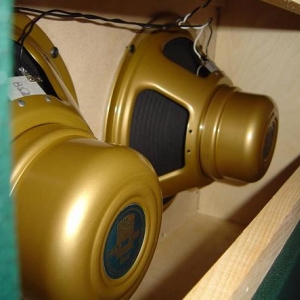 Ein Blick auf die Speaker.

Celestion AlNiCo Gold. Der Mittelteil der Box ist herausnehmbar. Somit hat man die Möglichkeit, die Box geschlossen oder halboffen zu spielen.