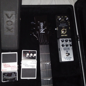 Kramer Assault 220 FR Headstock

Vox 845 Wah Wah

Boss Tu-3
Boss NS-2

Artec Soloist Distortion

MXR Fullbore Metal