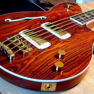 Der Framus Nashville Semi-Acoustic Bass mit Cocobolo-Decke. Bis auf Korpus und speziell angefertigte Teile ist an dem Bass alles alt: Ich habe nur gebrauchte Hardware verwendet.