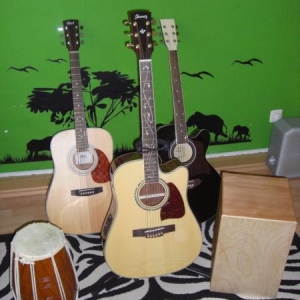 Familienportrait

Dholak,Cort Earth 70,Ibanez AW 40 ECE,Alba mini Jumbo,Schlagwerk Cajon...