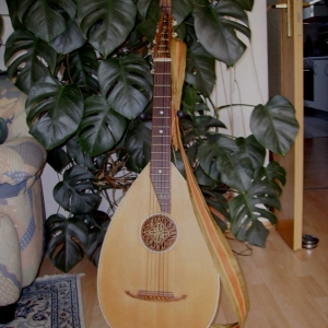 Gitarrenlaute, ca 1930 (geschätzt) Vorderseite mit eingeleimter Schalllochrosette, Brandstempel "Deutsche Meister"

Decke, Korpus Fichte. Original Mechaniken. Risse in Decke und Korpus geschlossen, mehrfach gebrochener Kopf geleimt und mit gesperrten Zügen stabilisiert. Das Instrument ist in Korpus und Hals gebeizt und anschließend gewachst. Sattelbreite 44mm, Mensur 590mm. Saitenabstand über Bund 9 ca. 4,5mm. Das Instrument hat einen rustikalen Klang und wird eher selten gespielt

Falls jemand genaueres zu dem abgebildeten Instrument weiß (Baujahr, Hersteller, etc.), bitte unbedingt an mich weitergeben.