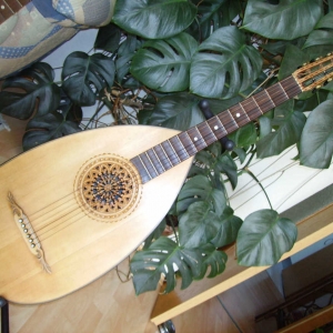 Gitarrenlaute, ca 1900 (geschätzt) Vorderseite mit sehr feiner,aus der Decke geschnitzter Schalllochrosette

Decke Fichte, Korpus Ahorn, Hals Buche. Original Mechaniken. gekehltes Griffbrett von Vorbesitzer nachträglich aufgesetzt. Kopfplatte angesetzt. Risse in Decke und Korpus geschlossen. Das Instrument ist in der natürlichen Holzfärbung belassen und gewachst. Sattelbreite 44mm, Mensur 630mm. Saitenabstand über Bund 9 ca. 4mm. Das Instrument hat einen sehr schönen Klang und wird regelmäßig gespielt

Falls jemand genaueres zu dem abgebildeten Instrument weiß (Baujahr, Hersteller, etc.), bitte unbedingt an mich weitergeben.