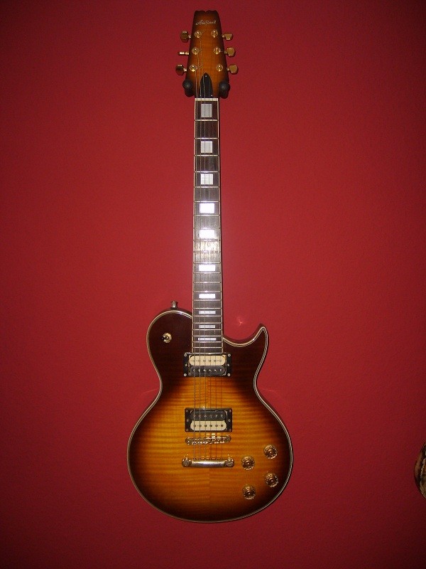 Aria Pro Pe-DLX, made in Korea, irgendwann Mitte/Ende der 90er. Tolle Paula, trotz Schraubhals. Das Einzige was ich da bisher ausgetauscht habe, sind die PUs. Da sind nun 2 selbstgebaute Zebra-Humbucker drinen.