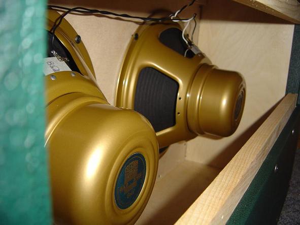 Ein Blick auf die Speaker.

Celestion AlNiCo Gold. Der Mittelteil der Box ist herausnehmbar. Somit hat man die Möglichkeit, die Box geschlossen oder halboffen zu spielen.