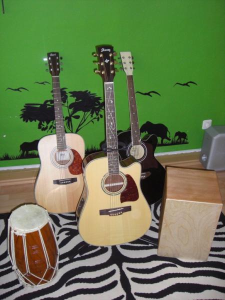 Familienportrait

Dholak,Cort Earth 70,Ibanez AW 40 ECE,Alba mini Jumbo,Schlagwerk Cajon...