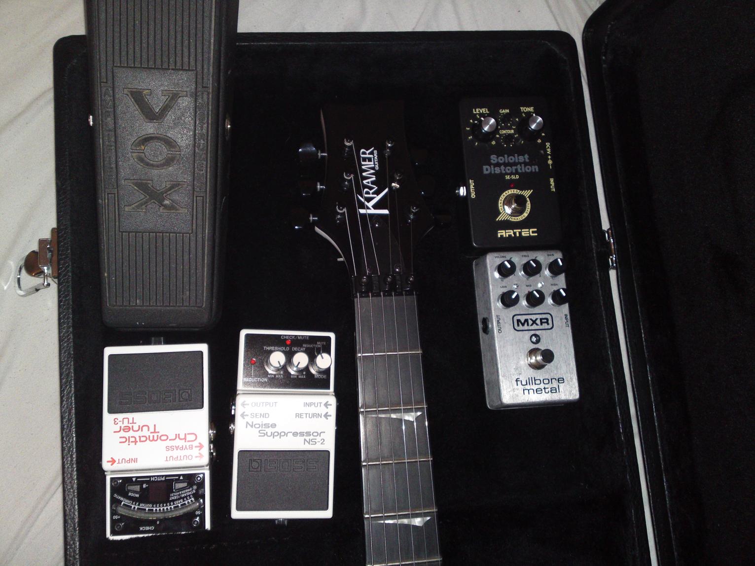 Kramer Assault 220 FR Headstock

Vox 845 Wah Wah

Boss Tu-3
Boss NS-2

Artec Soloist Distortion

MXR Fullbore Metal