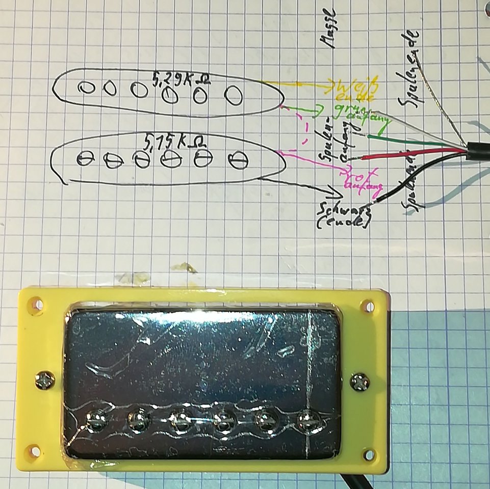 modifizierter Steg-Humbucker mit 5-Draht-Anschluß im PU-Rähmchen mit neuer Kabel-Belegung