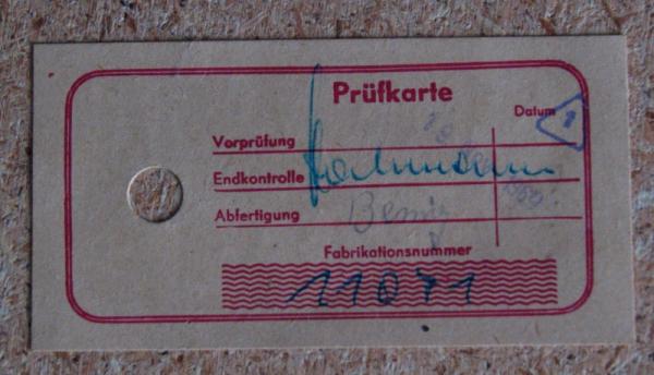 Prüfkarte von 1969