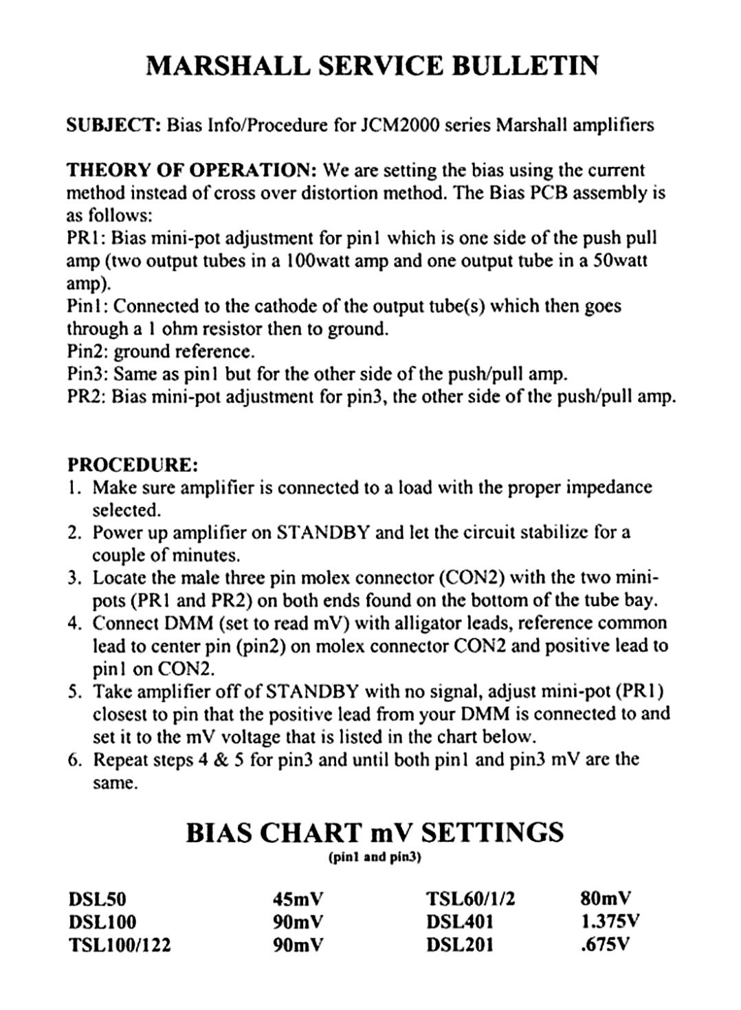 The Official Marshall Biasing Instructions For The JCM2000 Amps