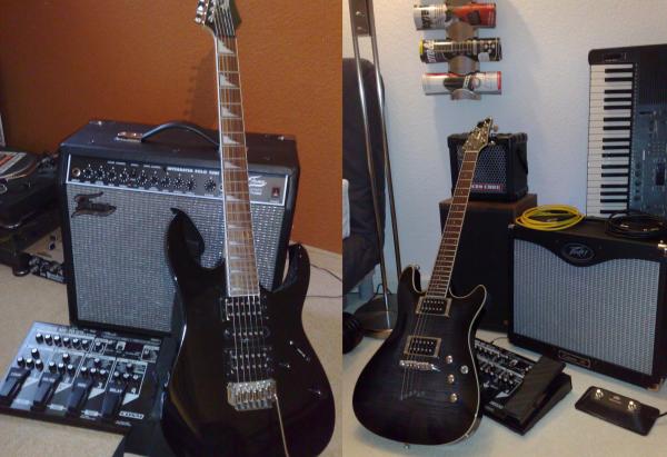 Vorher: Ibanez GRG 170 DX, Fame GX60R, Boss ME70

Nachher: Ibanez SZR 520, Peavey Classic 30 mit Fat-per-Foot-Mod., Boss.

Keyboard ist aus den 90ern von Technics, MicroCube hatte ich von Anfang an.